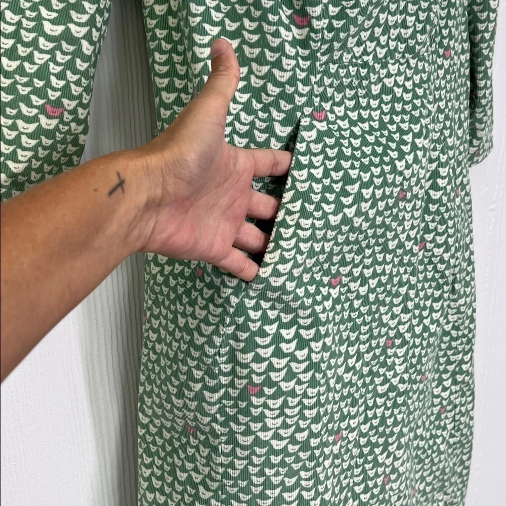 Boden - Hannah Corduroy Quarter Sleeve Green And Pink Bird Print Midi Dress 4R